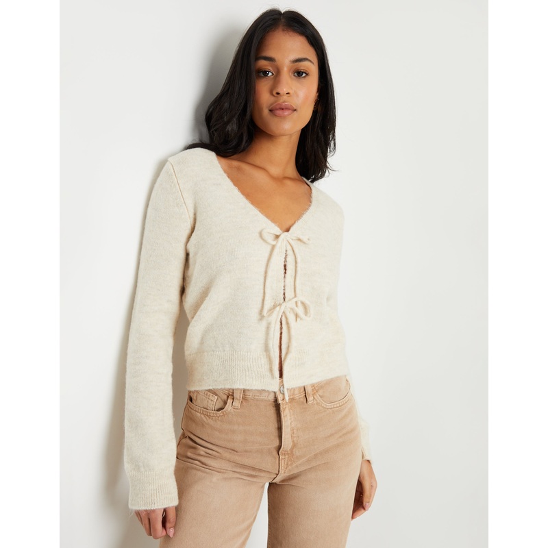 Cream Tie Front V Neck Knitted Cardigan Cream 8
