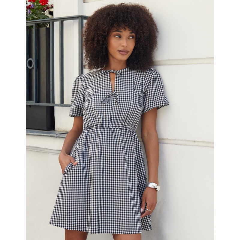Gingham Puff Sleeve Tie Front Smock Mini Dress Gingham 8