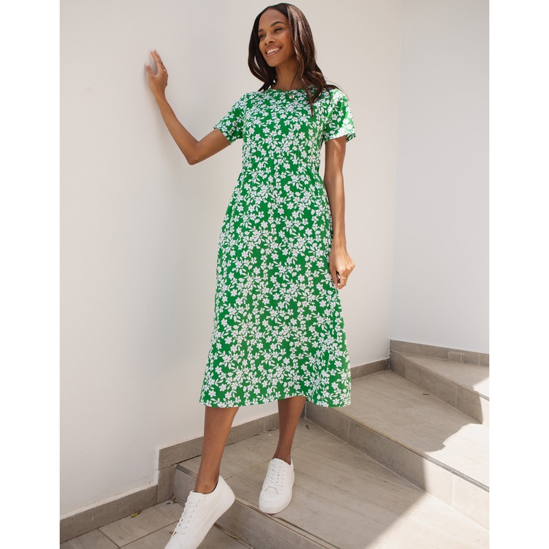 Green Floral Jersey Midi Smock Dress with Pockets Green 8