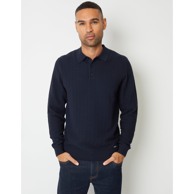 Navy Long Sleeve Textured Knitted Polo Jumper Navy S