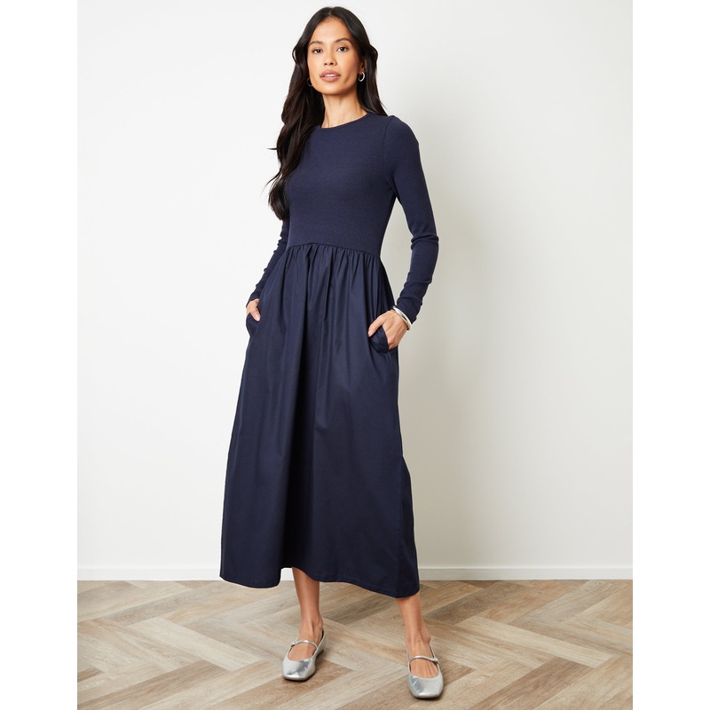 Navy Rib Jersey 2-in-1 Midi Dress with Poplin Skirt Navy 8