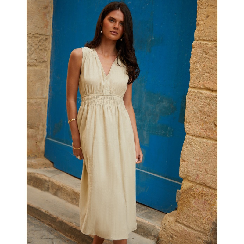 Stone Linen Blend Ruched Midi Dress Stone 8