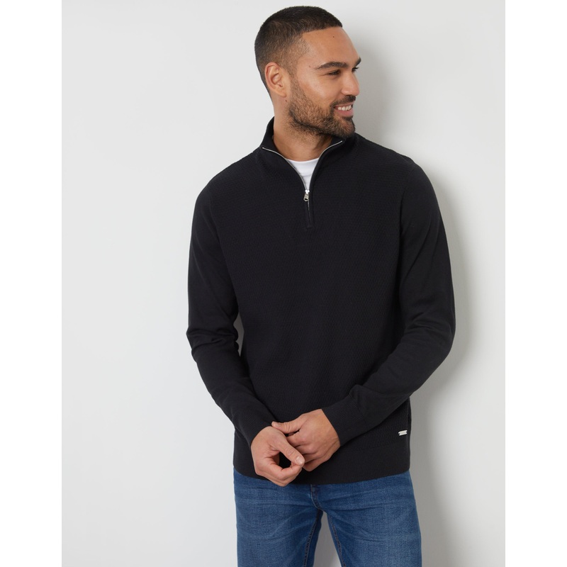 Black Basket Stitch Mock T-Shirt Quarter Zip Jumper Black S