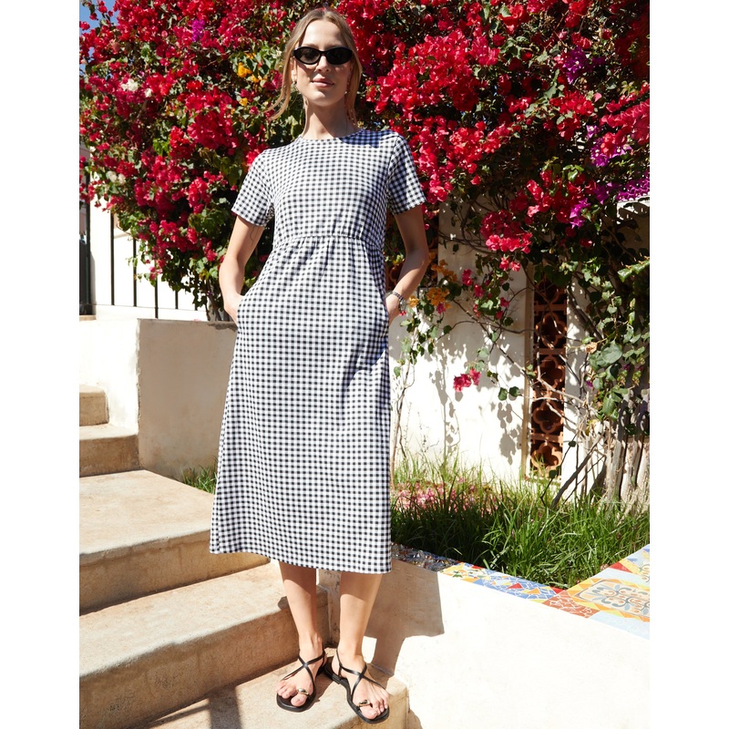 Black Gingham Jersey Midi Smock Dress with Pockets Black 8