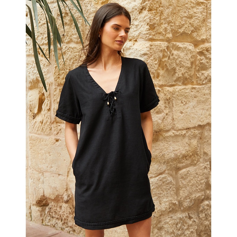 Black Linen Blend Lace Front Detail T-Shirt Dress Black 8