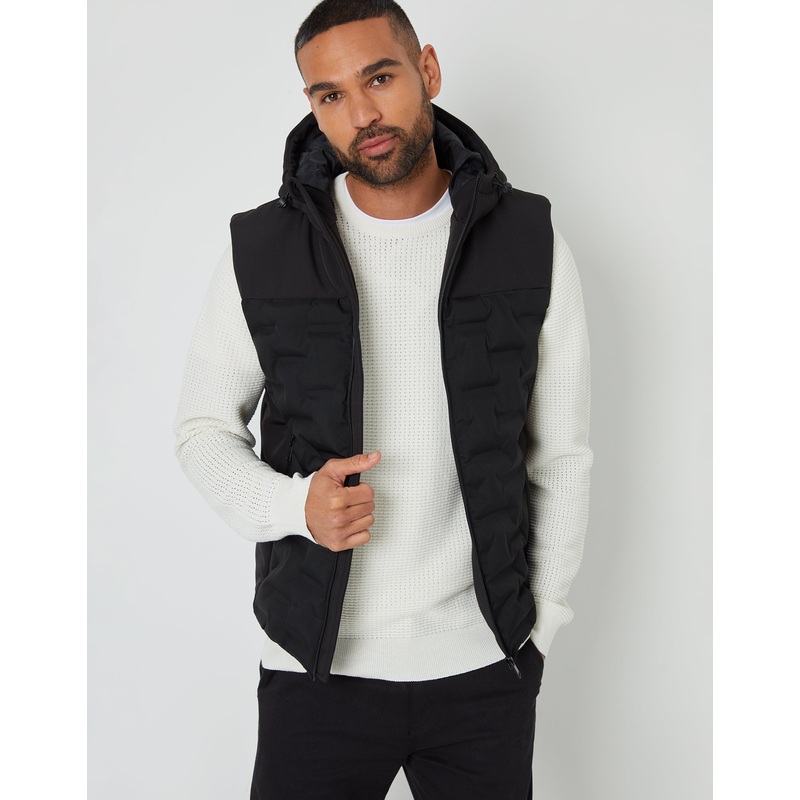 Black Quilted Panel Hooded Gilet Black S