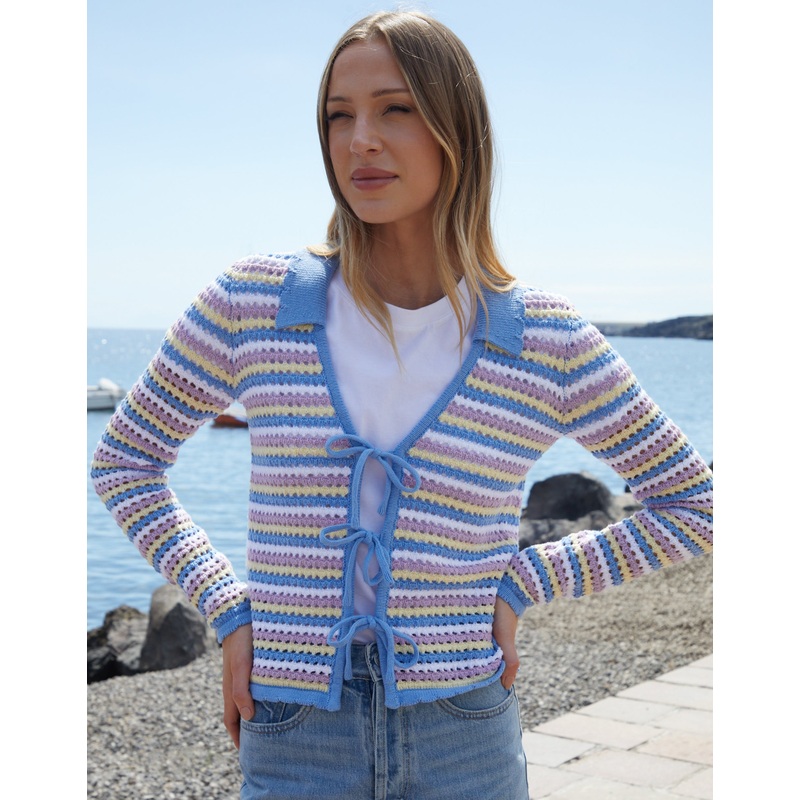 Blue Stripe Collared Tie Front Crochet Knit Cardigan Blue 8
