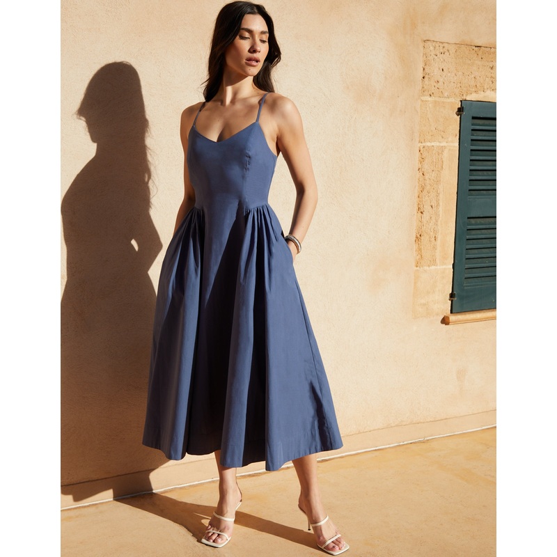 Blue V Neck Fit & Flare Midi Dress Blue 8