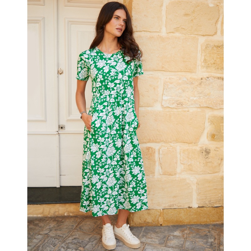 Green Floral Print Jersey Midi Smock Dress with Pockets Green 8