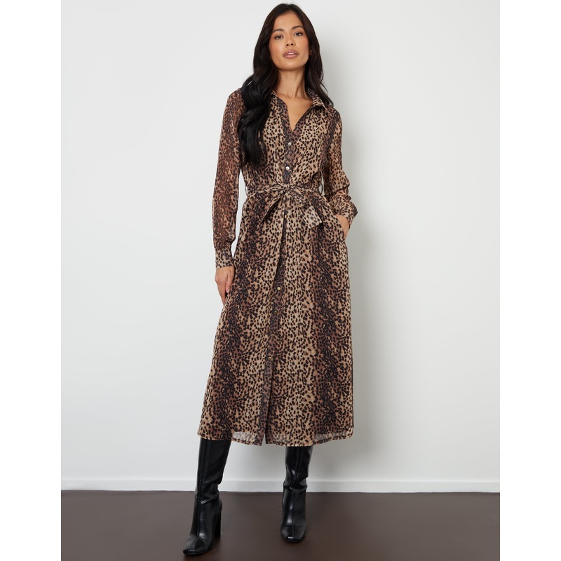 Leopard Print Chiffon Belted Maxi Shirt Dress Leopard 8
