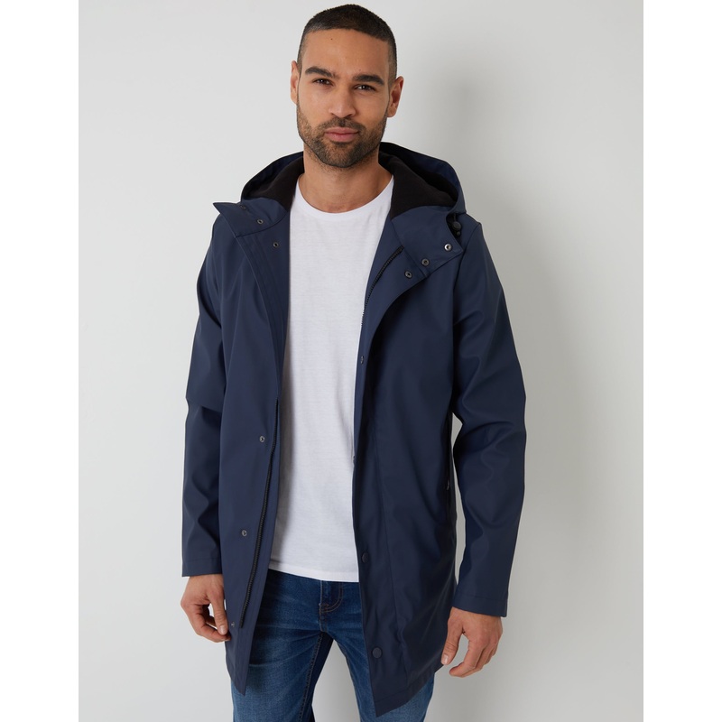 Navy Microfleece Lined Longline Hooded Raincoat Navy S