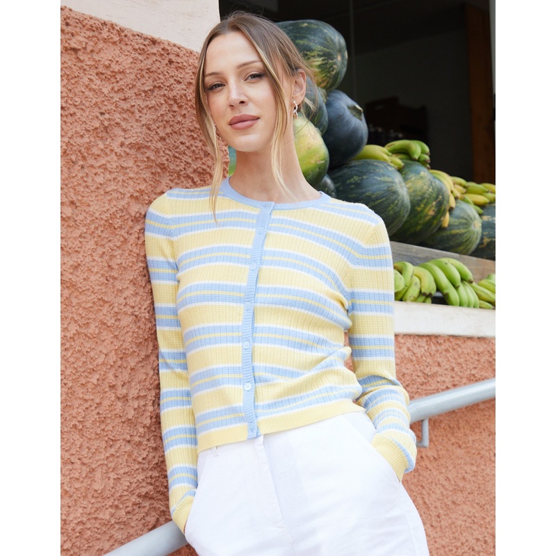 Yellow Stripe Wool Blend Pointelle Knit Cardigan Yellow 8