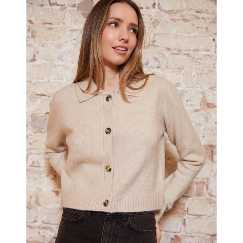 Beige Cropped Collared Knitted Cardigan Beige 8