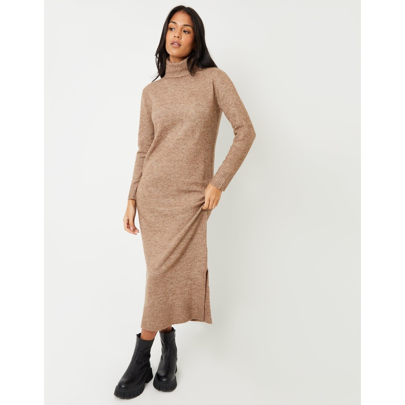 Beige Knitted Roll Neck Maxi Dress Beige 8
