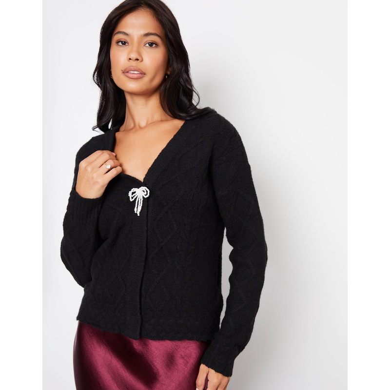 Black Bow Detail Cable Knit Cardigan Black 8