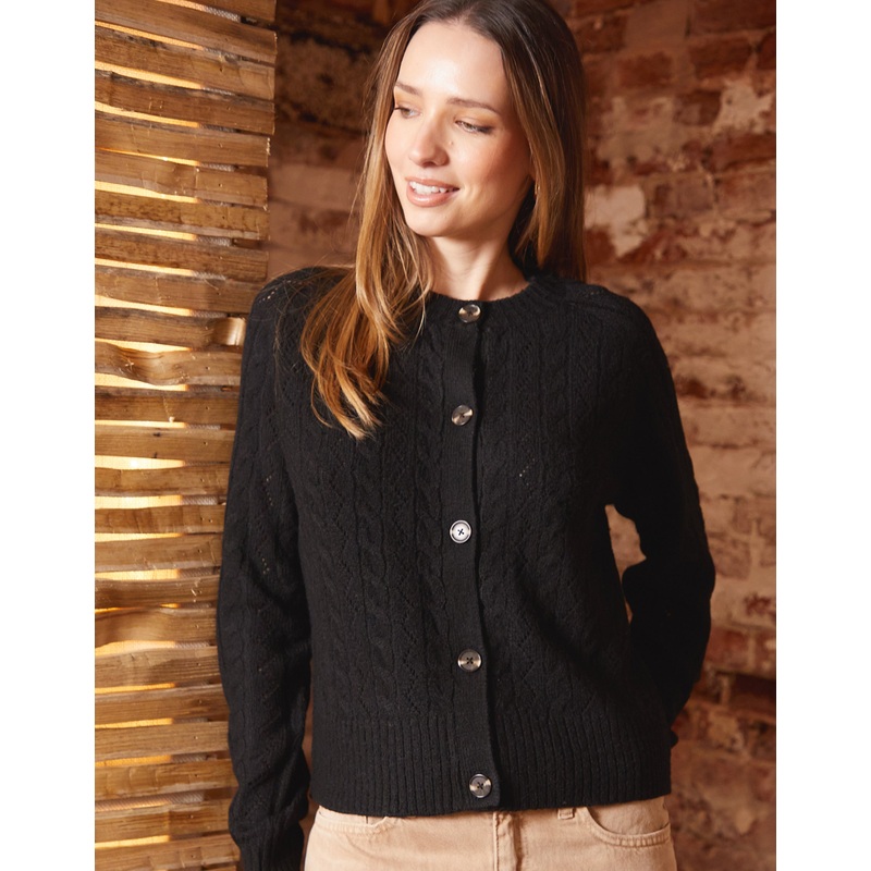 Black Button Up Pointelle Knit Cardigan Black 8