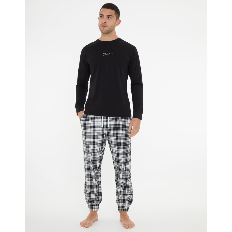 Black Check Script Long Pyjamas (2-Piece Set) Black S