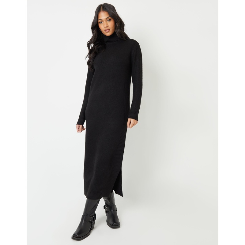 Black Knitted Roll Neck Maxi Dress Black 8