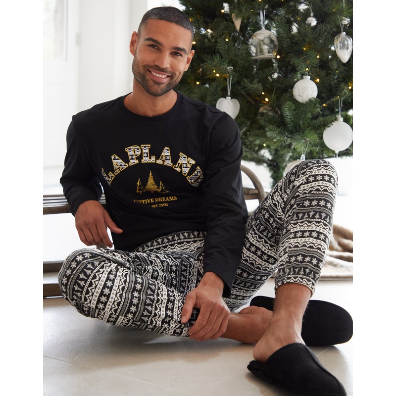 Black Lapland Fairisle Long Sleeve Christmas Pyjamas (2-Piece Set) Black S