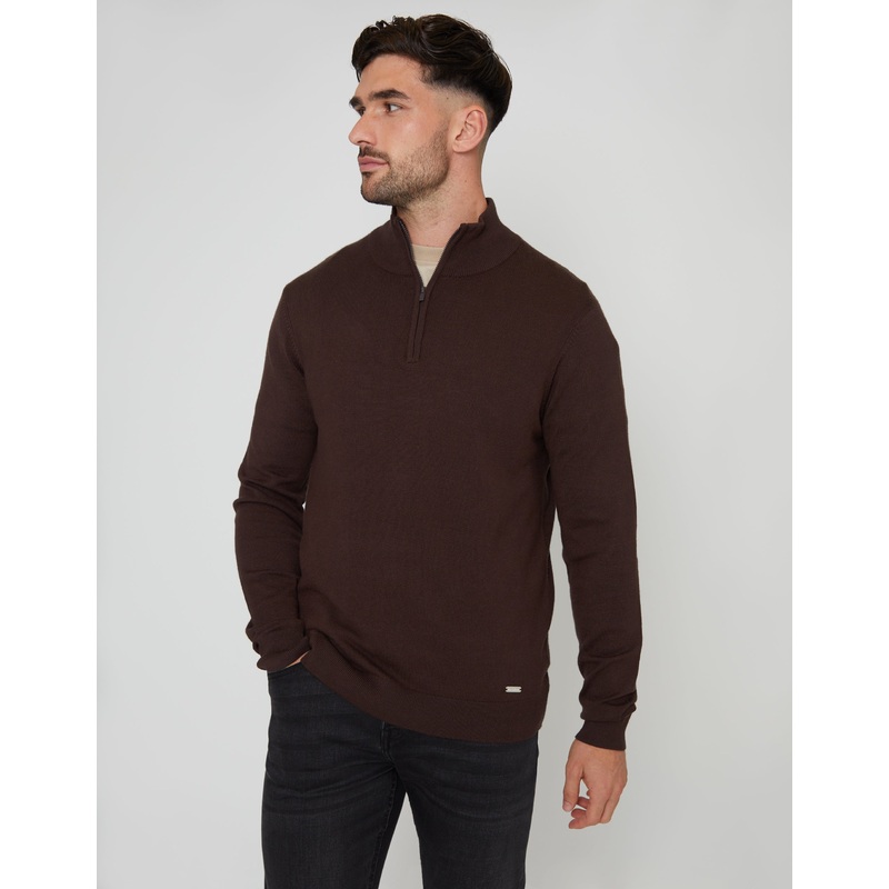 Brown Funnel Neck Quarter Zip Knitted Jumper Brown S
