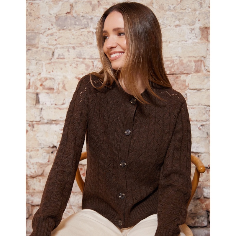 Chocolate Brown Button Up Pointelle Knit Cardigan Chocolate Brown 8