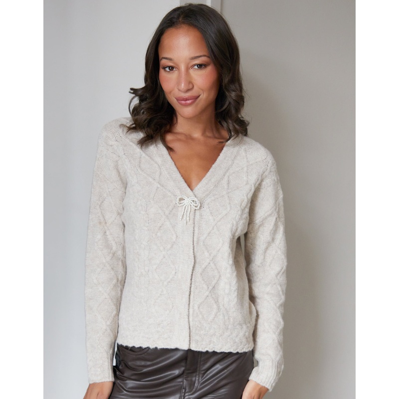 Ecru Bow Detail Cable Knit Cardigan Ecru 8