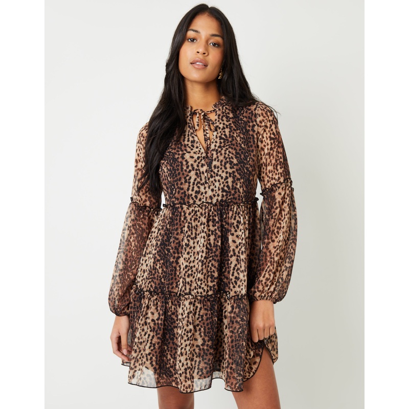 Leopard Print Tiered Chiffon Mini Dress Leopard 8