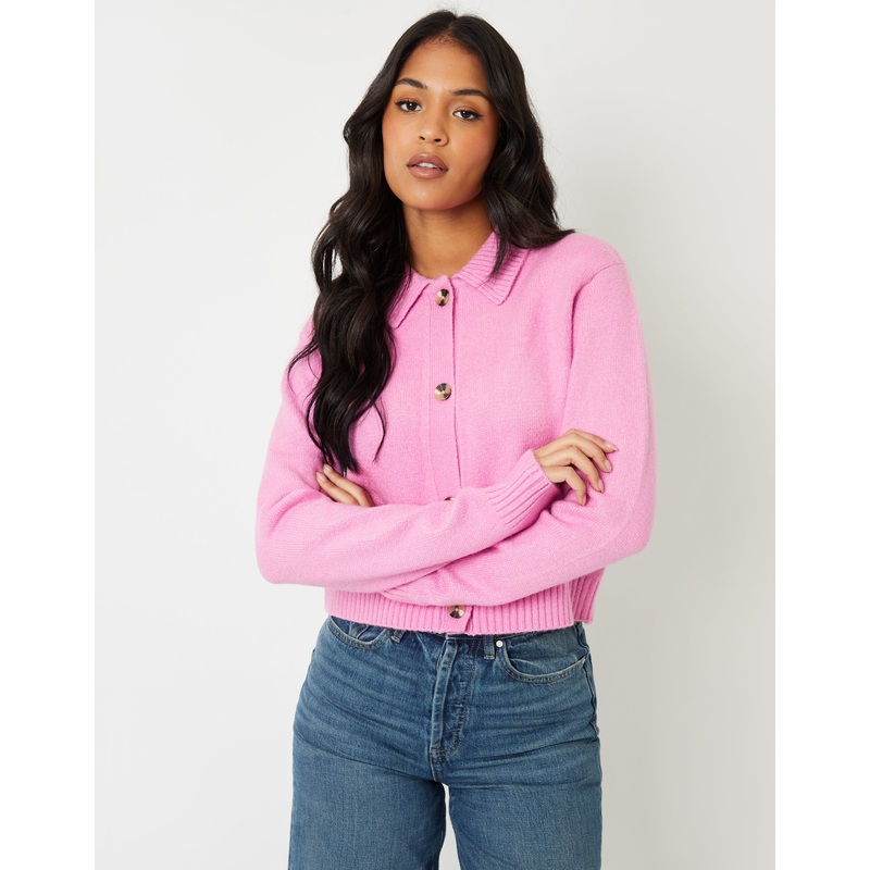 Pink Cropped Collared Knitted Cardigan Pink 8