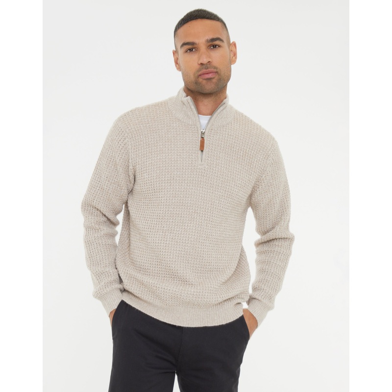 Beige Waffle Knit Quarter Zip Jumper Beige S
