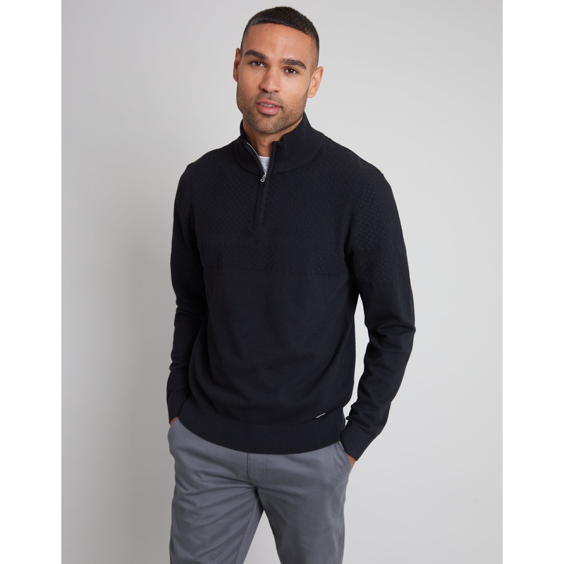 Black Basket Stitch Detail Knitted Quarter Zip Jumper Black S
