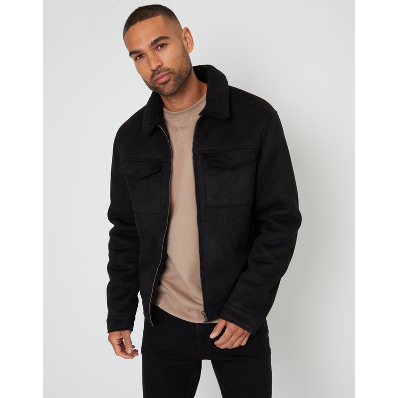Black Faux Suede Borg Lined Aviator Jacket Black S