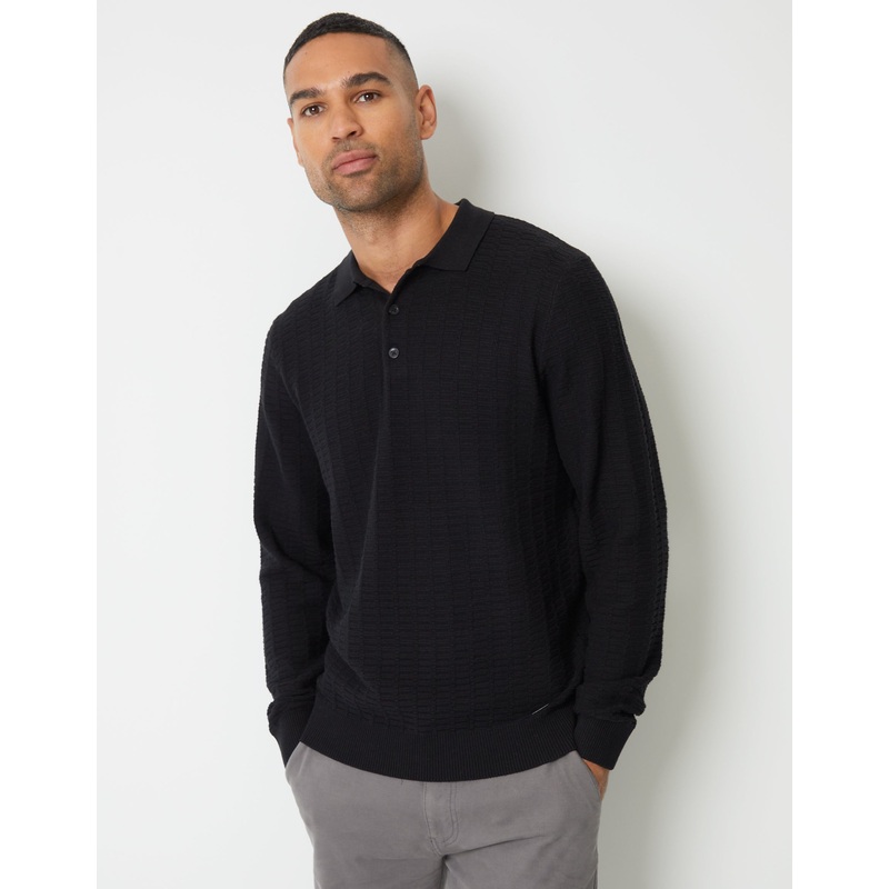 Black Long Sleeve Textured Knitted Polo Jumper Black S