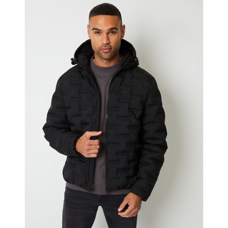Black Showerproof Quilted Hooded Puffer Jacket Black S