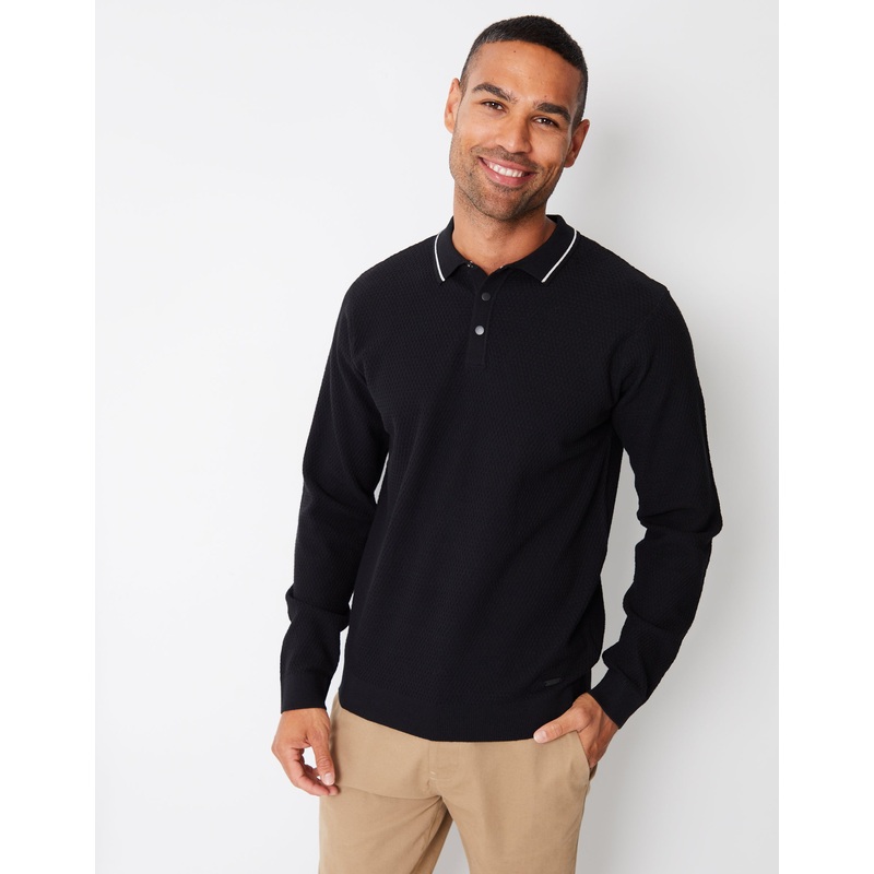 Black Textured Knitted Long Sleeve Polo Jumper Black S