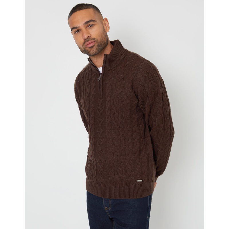 Brown Cable Knit Quarter Zip Jumper Brown S