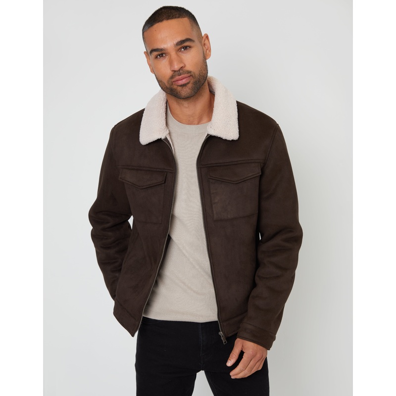Brown Faux Suede Borg Lined Aviator Jacket Brown S