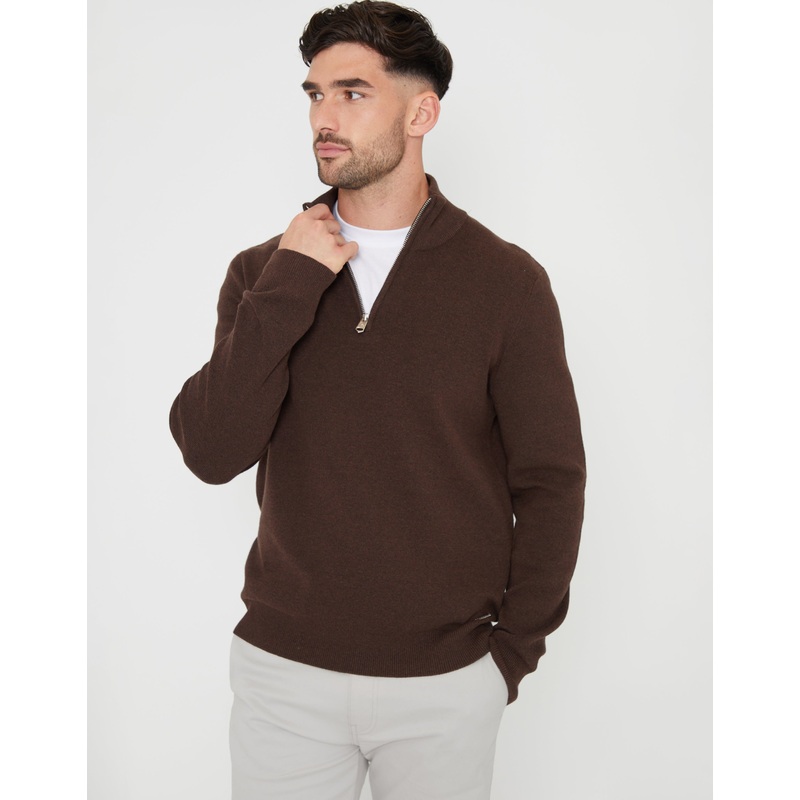 Brown Knitted Quarter Zip Jumper Brown S