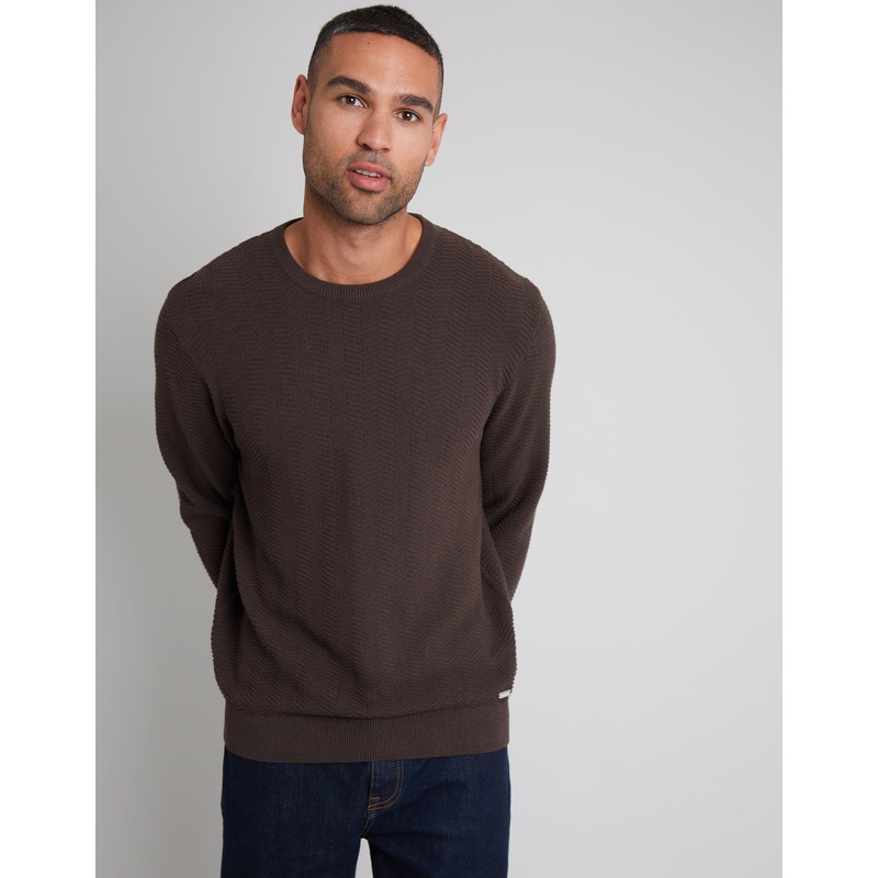 Brown Textured Knitted Crew Neck Jumper Brown S