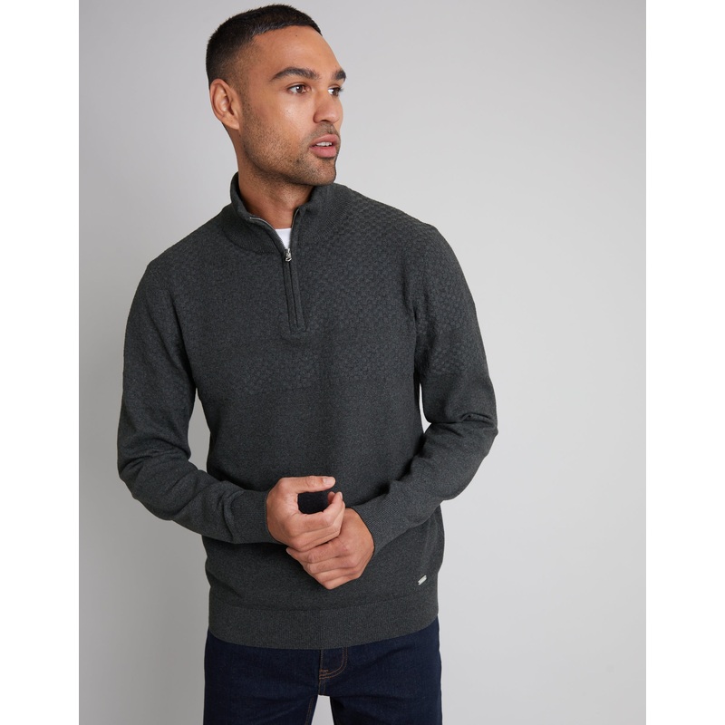 Charcoal Grey Basket Stitch Detail Knitted Quarter Zip Jumper Charcoal Grey S