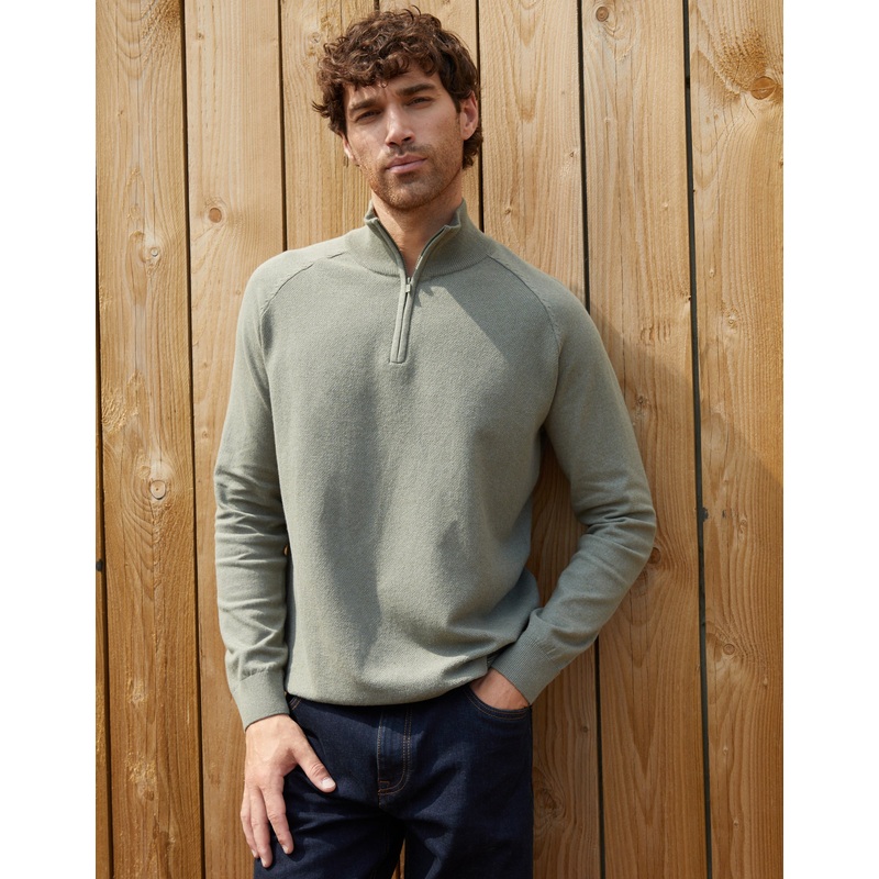 Khaki Green Raglan Knitted Quarter Zip Jumper Khaki Green S