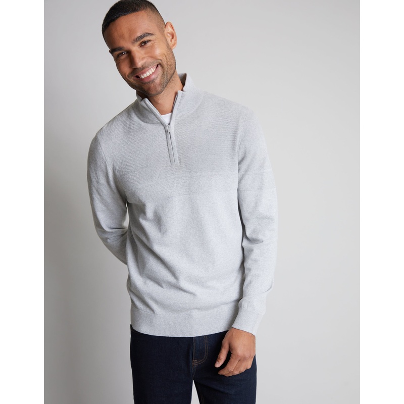 Light Grey Marl Textured Stripe Detail Quarter Zip Jumper Light Grey Marl S