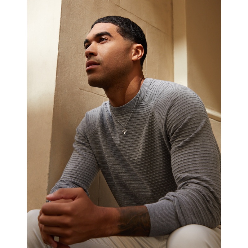 Mid Grey Marl Textured Stripe Knitted Crew Neck Jumper Mid Grey Marl S