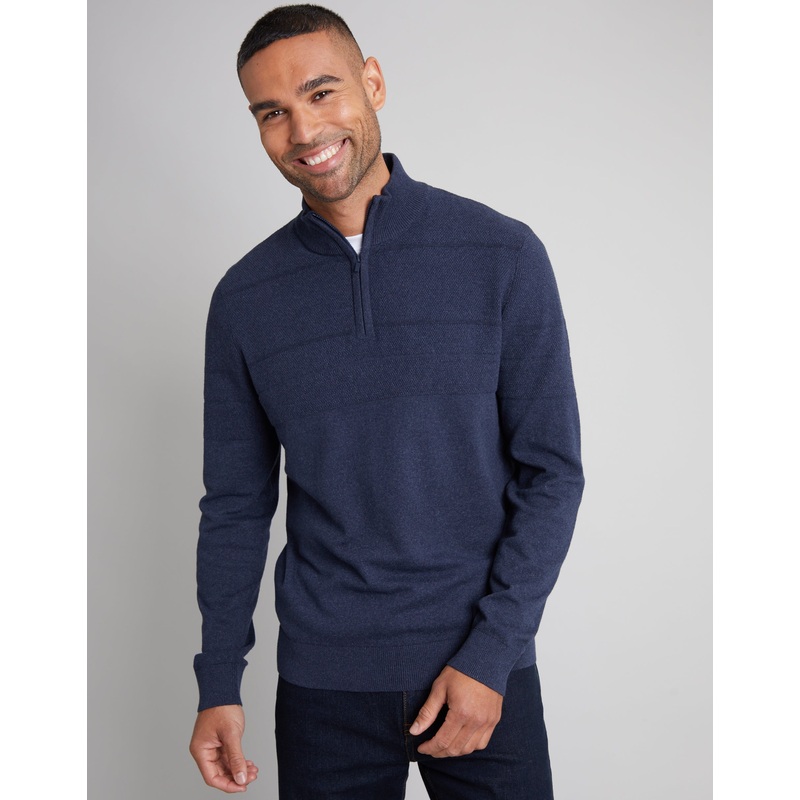 Navy Marl Textured Stripe Detail Quarter Zip Jumper Navy Marl S