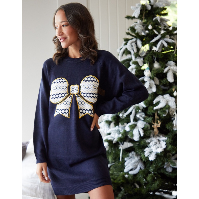 Navy Sequin Bow Knitted Jumper Dress Navy 8
