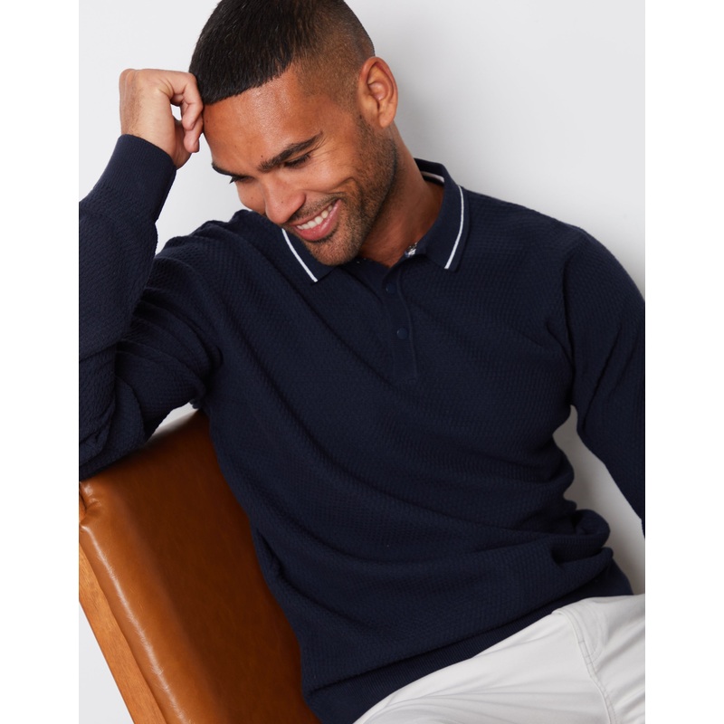 Navy Textured Knitted Long Sleeve Polo Jumper Navy S