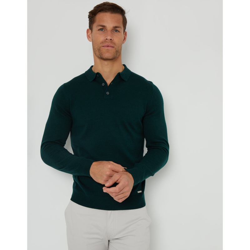 Pine Green Long Sleeve Knitted Polo Jumper Green S