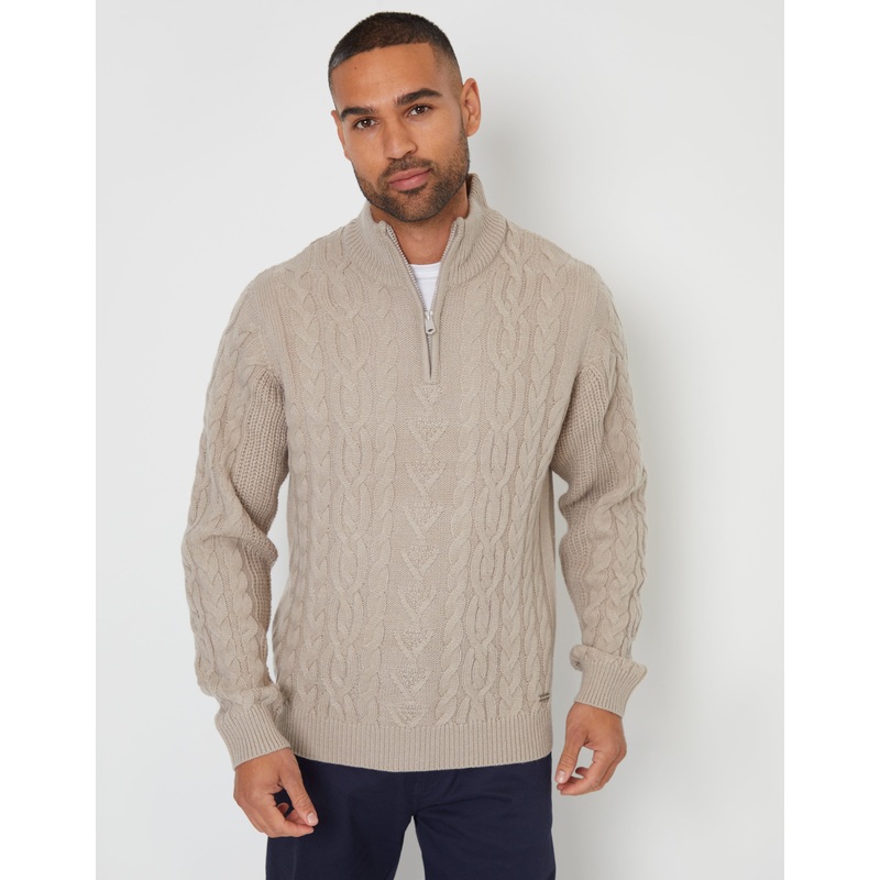 Stone Cable Knit Quarter Zip Jumper Stone S