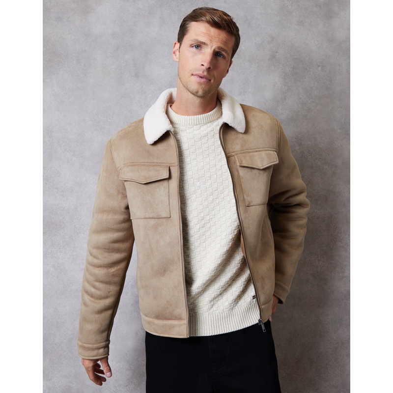 Stone Faux Suede Borg Lined Aviator Jacket Stone S