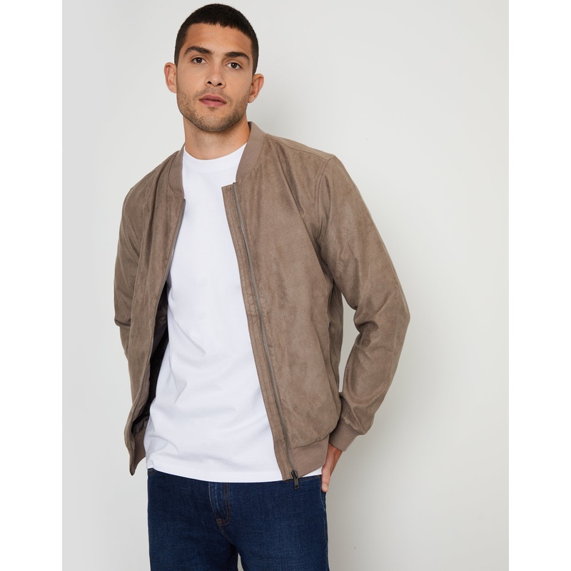 Taupe Faux Suede Bomber Jacket Taupe S