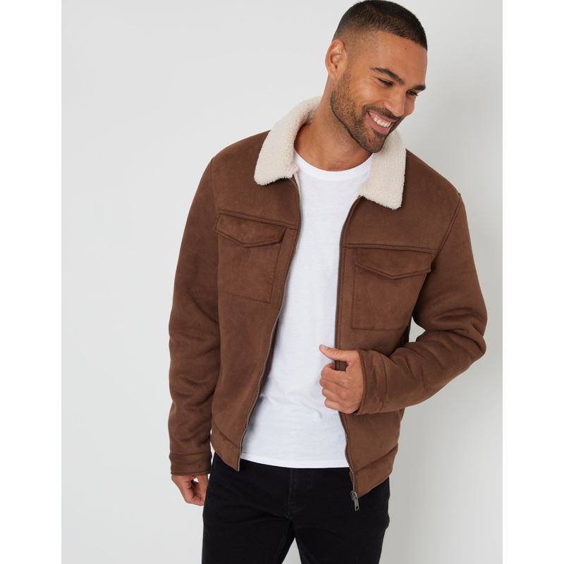 Taupe Faux Suede Borg Lined Aviator Jacket Taupe S